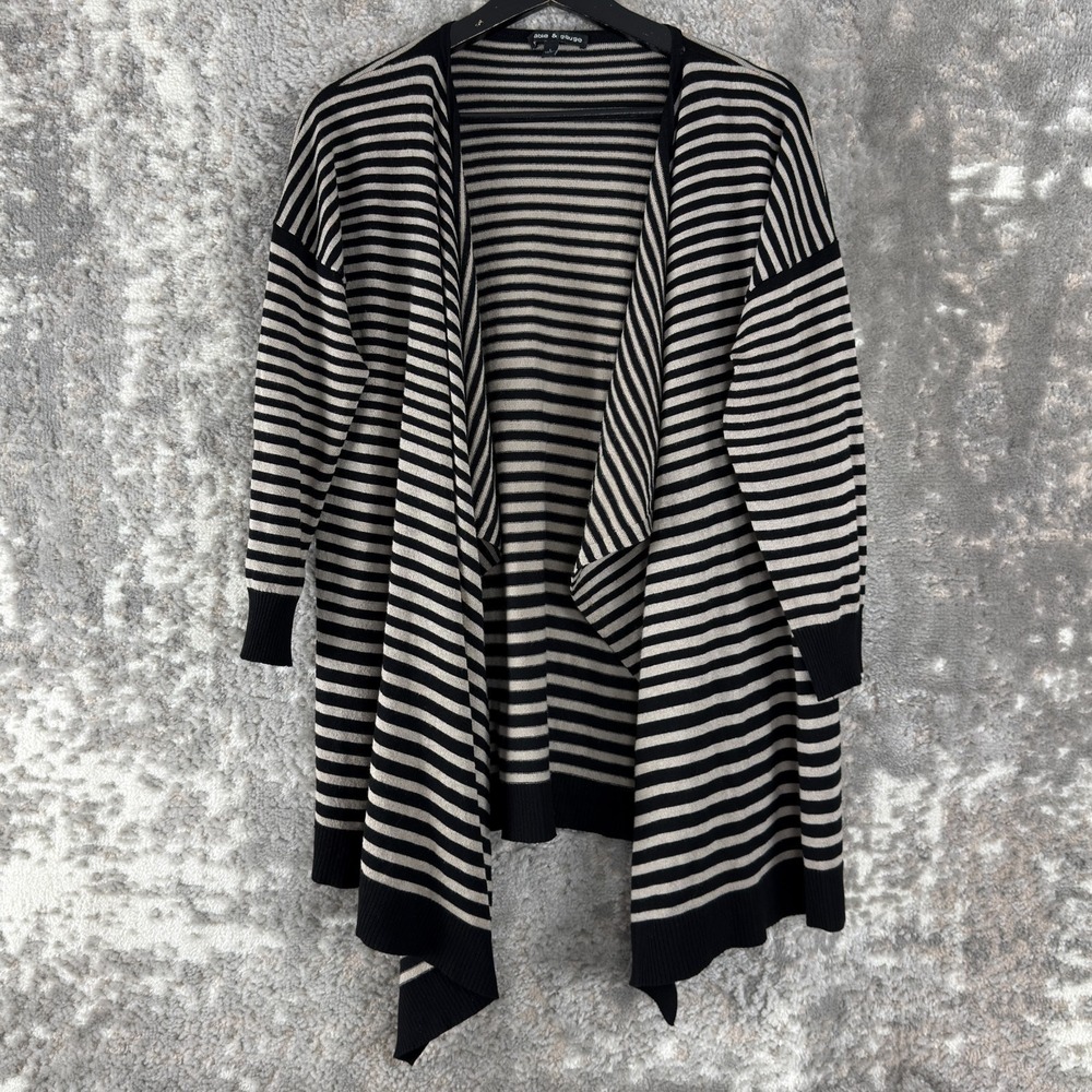Cable Gauge Size L Striped Open Front Cardigan Sweater Black Beige Long Sleeve